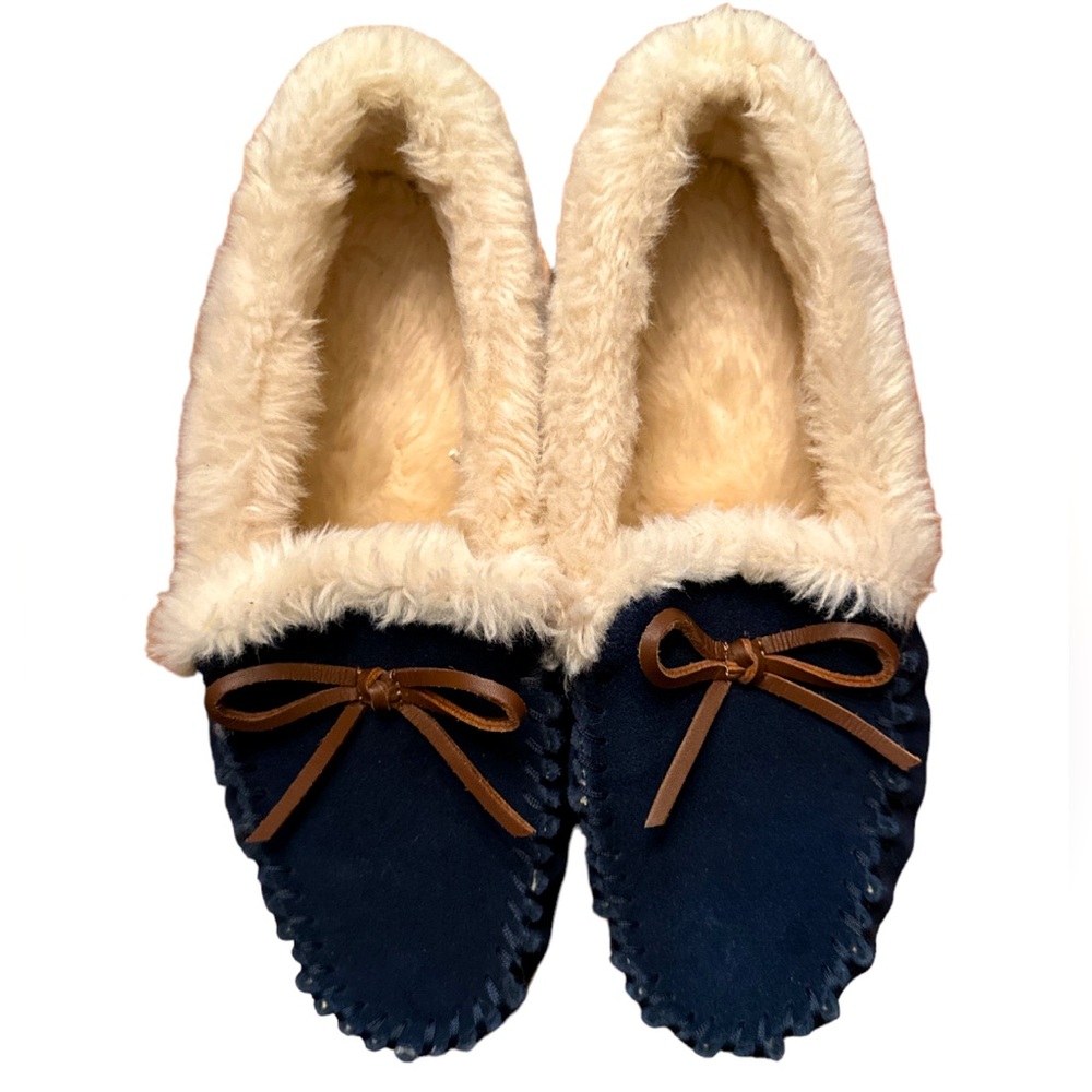 J Crew Ladies Lodge Moccasins Navy Size 9 with Faux-Shearling Lining